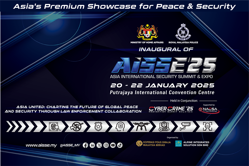 The image promotes the Asia International Security Summit & Expo (AISE 25), highlighting collaboration for global peace and security. It features logos, event dates, and location details.