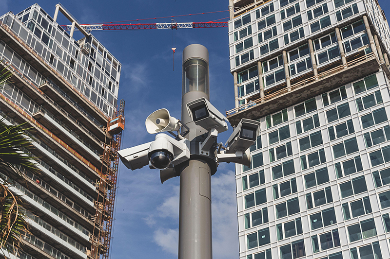 Surveillance cameras atop a pole in Tel Aviv, Israel