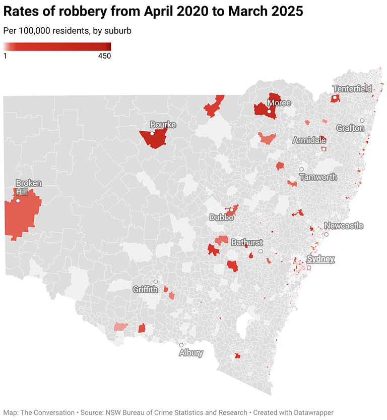 map showing rates of robbery from April 2020 to March 2025 in Australia
