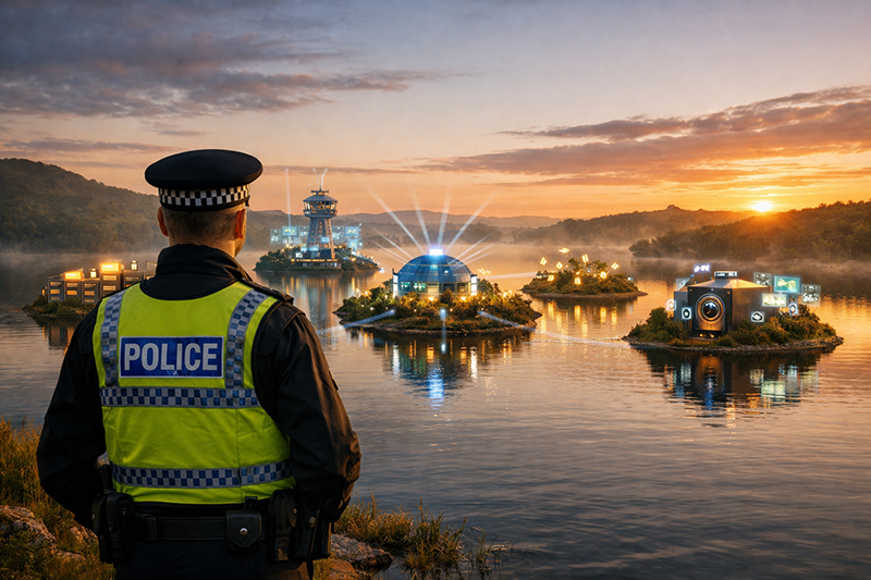 AI-generated image of police officer looking out over a lake with a series of islands, each one with a different computer system