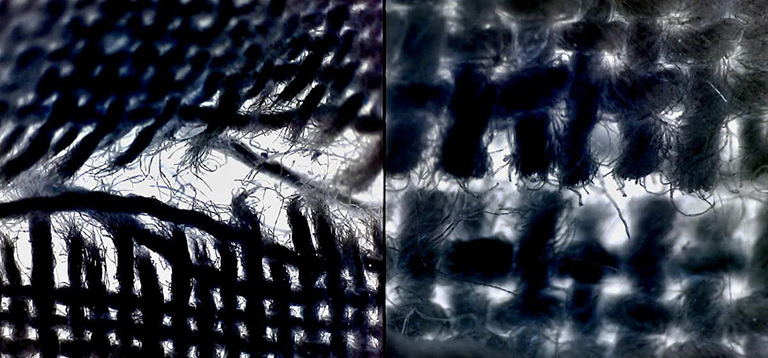 Close up image of cut fabric showing how different knives leave different evidence