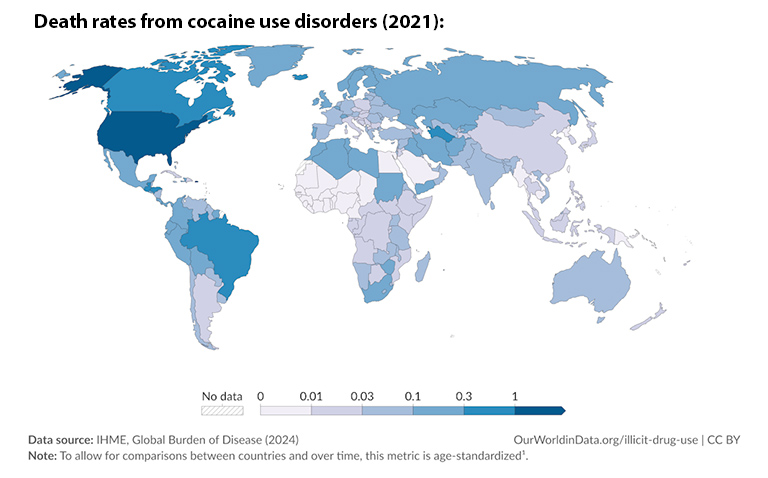 Map showing death rates from cocaine use disorders (2021)