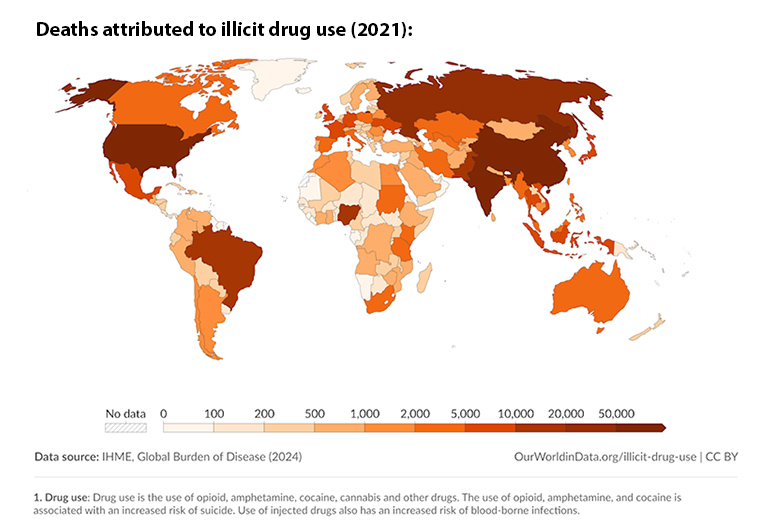 Graph showing Deaths attributed to illicit drug use (2021)