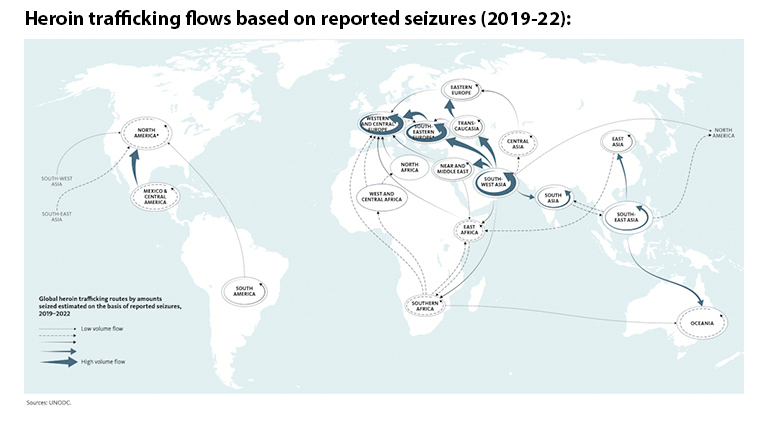 Graph showing Heroin trafficking flows based on reported seizures (2019-22)