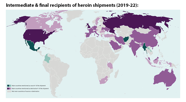 Graph showing map of Intermediate & final recipients of heroin shipments (2019-22)