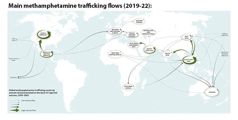 Map showing main methamphetamine trafficking flows (2019-22)