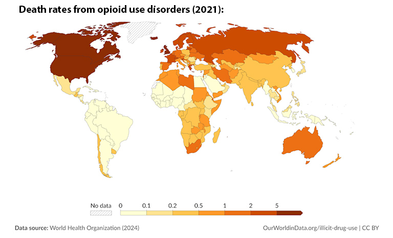 Map showing death rates from opioid use disorders (2021)