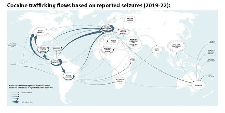 map showing cocaine trafficking flows based on reported seizures (2019-22)