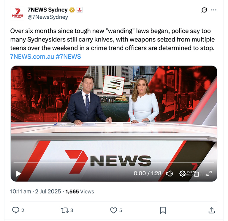 Screen shot of a Tweet from 7 News on violent crime in Australia