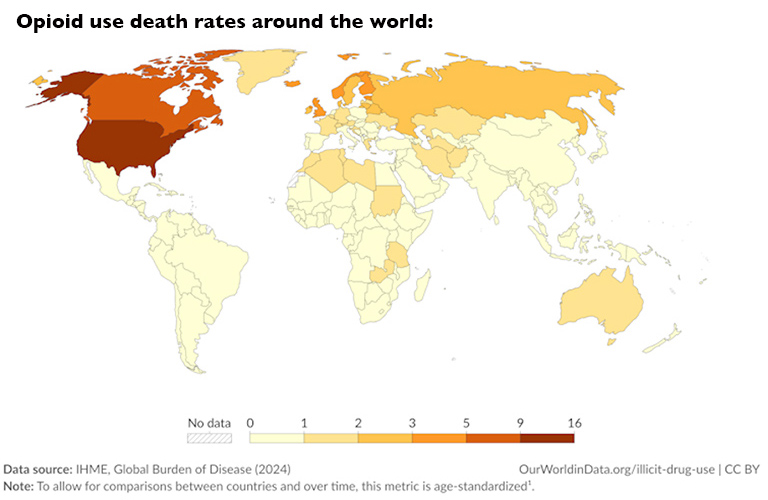 Map showing global deaths from opioid consumption