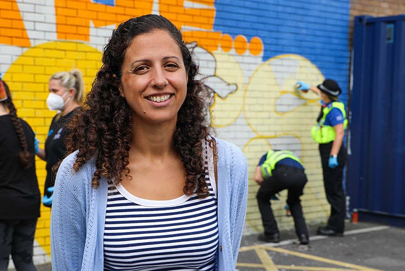 Swansea University Assistant Professor Dr Bella Nouri at a Flip the Streets graffiti event