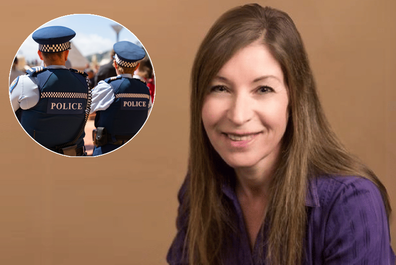 Picture of Emma Burns, NZ Police psychologist, with inset of rear view of two NZ Police officers