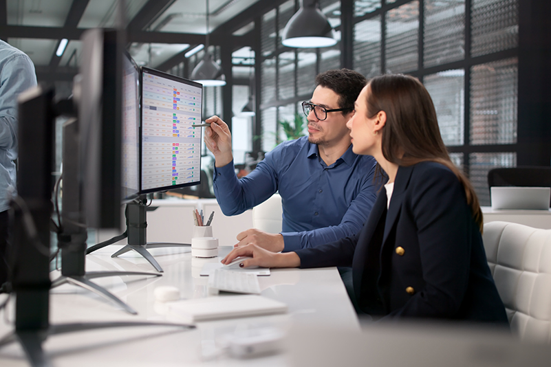 Two financial investigators looking at figures on a computer screen