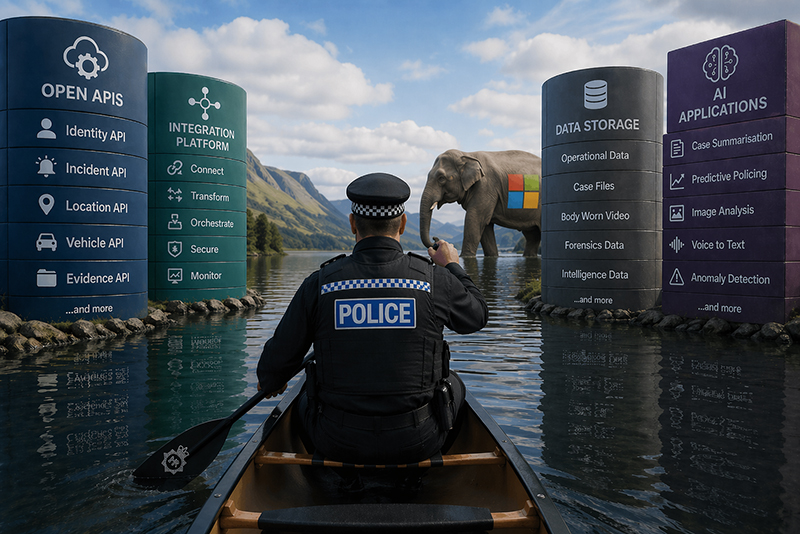 Police officer paddling a canoe between islands stacked with software applications, towards an elephant with a Microsoft logo on it