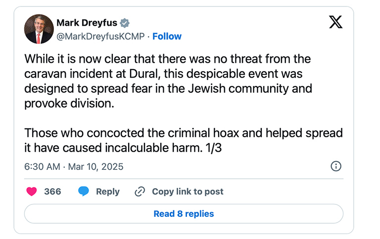 Screenshot of a tweet by Australian MP Mark Dress about the Sydney caravan 'terrorism' hoax