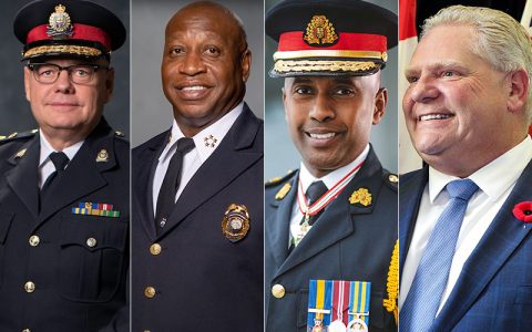 Left to right, Chief Dale McFee, Chief John Drake, Chief Nishan Duraiappah, Premier Doug Ford