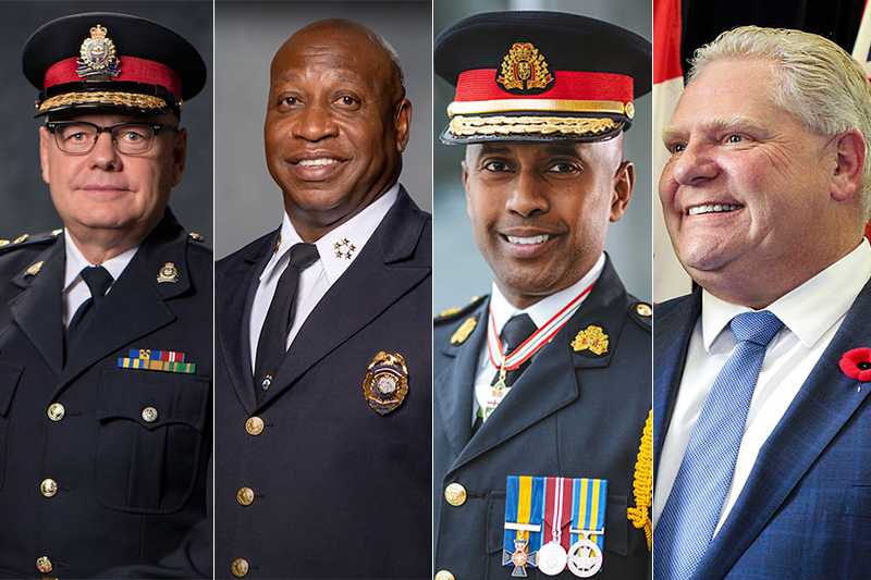 Left to right, Chief Dale McFee, Chief John Drake, Chief Nishan Duraiappah, Premier Doug Ford