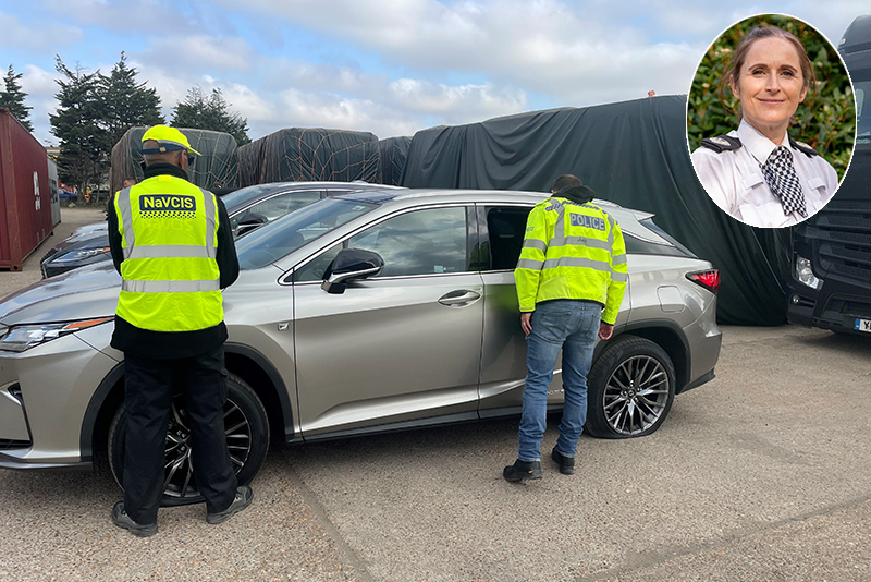 NaVCIS & Police inspect recovered stolen vehicles at Felixstowe, with ACC Sarah Grahame inset