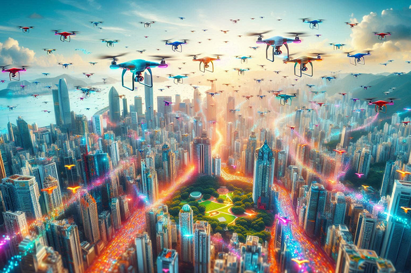 The image depicts a vibrant skyline filled with colorful drones soaring above a bustling city. It highlights the integration of technology in urban policing and safety.