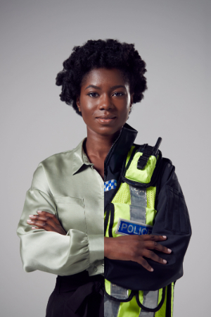 The image features a confident woman, half in a professional shirt and half in a police uniform. She exemplifies the diversity and strength within modern policing.