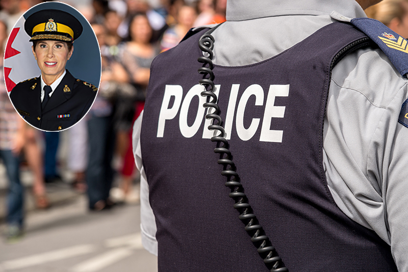 Back of the bulletproof vest of a Royal Canadian Mounted Police sergeant, with (inset) a head and shoulders picture of RCMP Deputy Commissioner Jodie Boudreau