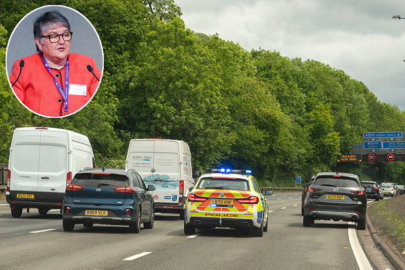 Police car on the M25 in traffic with RST CEO Ruth Purdie inset