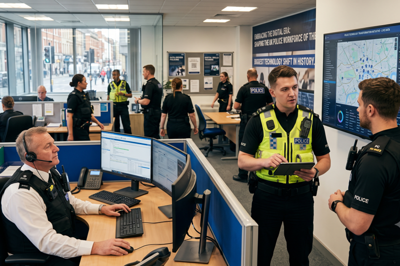 A busy police command center with officers engaged in discussions, monitoring screens, and utilizing digital tools to enhance policing and respond effectively to community needs. (Salesforce AI generated image)