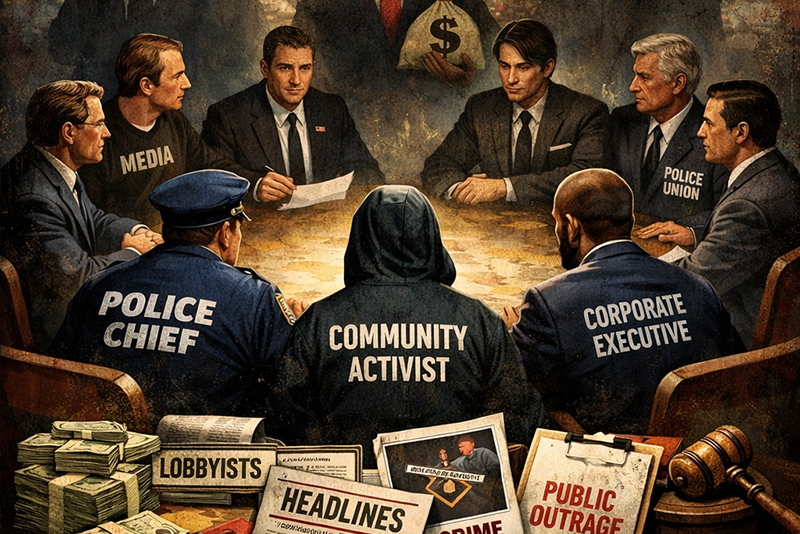 AI image showing police chief around a table with stakeholders including community activists, corporate executives, union leaders, media etc