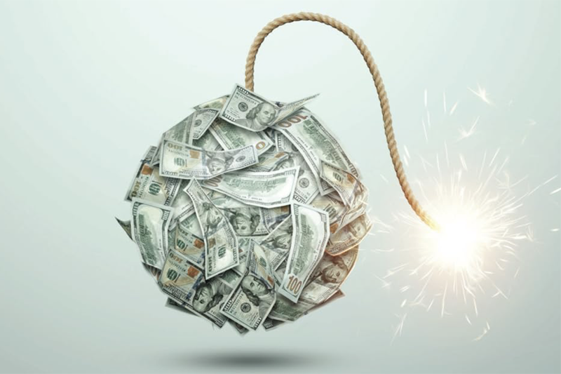 The image depicts a large bomb made of crumpled money, symbolizing financial danger or economic instability, relevant to discussions on crime and policing strategies.