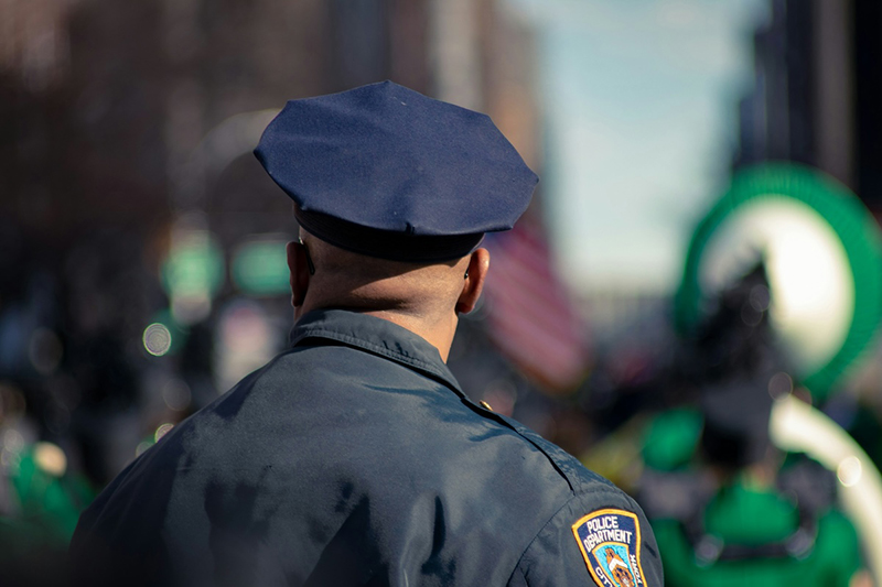 rear view of US police officer