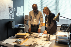 Two police officers collaborate at a cluttered desk, examining photos and documents, illustrating teamwork in criminal investigations. The environment is serious, focused on solving cases effectively.
