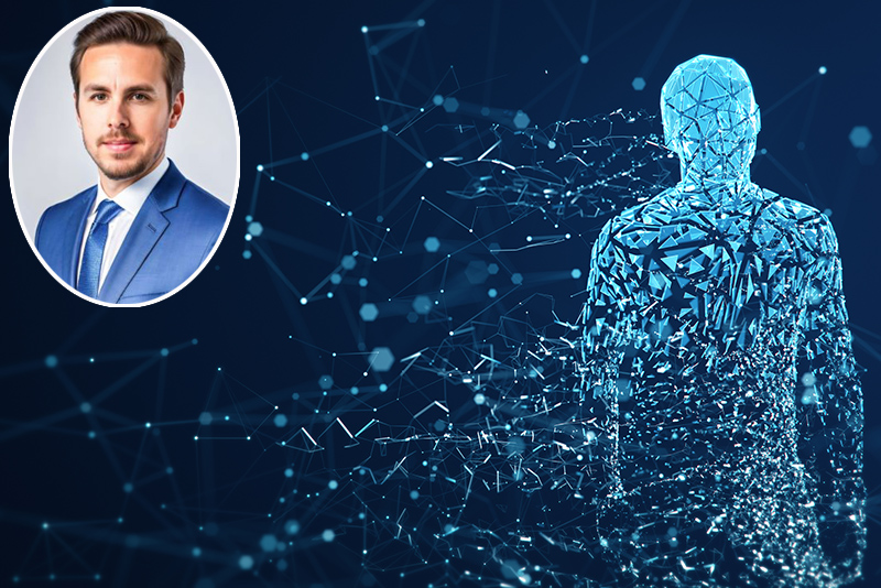 3D rendered depiction of a digital avatar, perfectly usable to visualize abstract topics like artificial intelligence, big data or human identity, with an inset picture of Dr Brandon May