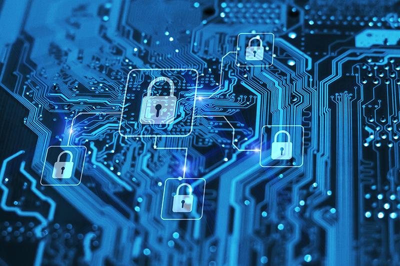 Graphic of locks on blue integrated circuit and firewall from hacker attack, concept of cybersecurity and protection of private information and data