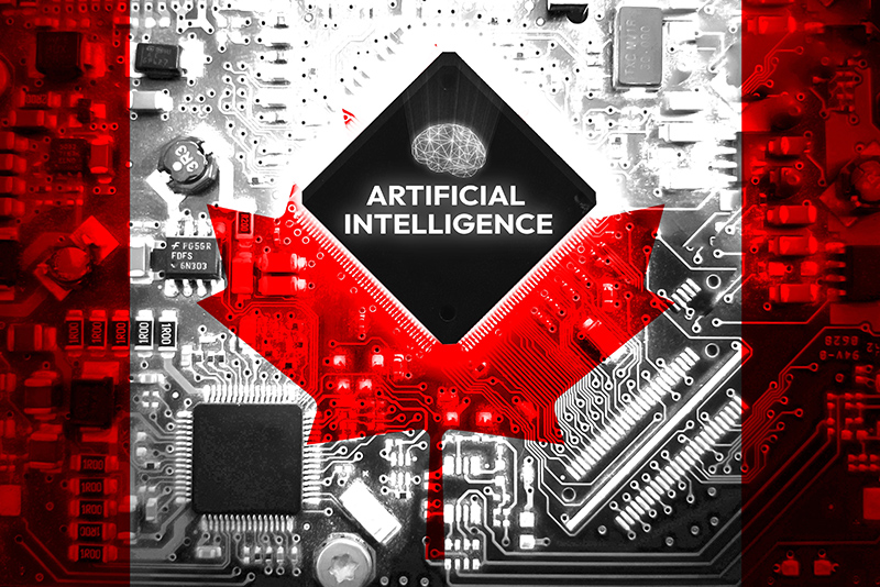 Canada artificial intelligence concept background with chip and glowing brain, futuristic tech backdrop