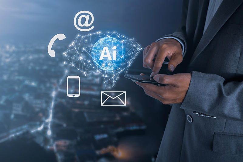 man's hands holding phone, with contact options of email, phone or text, all controlled by AI