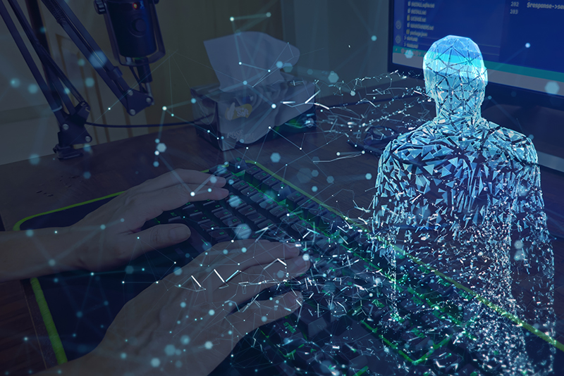 A digital representation of a person emerges from a keyboard, illustrating the intersection of technology and policing, emphasizing data analysis and virtual interactions in law enforcement.