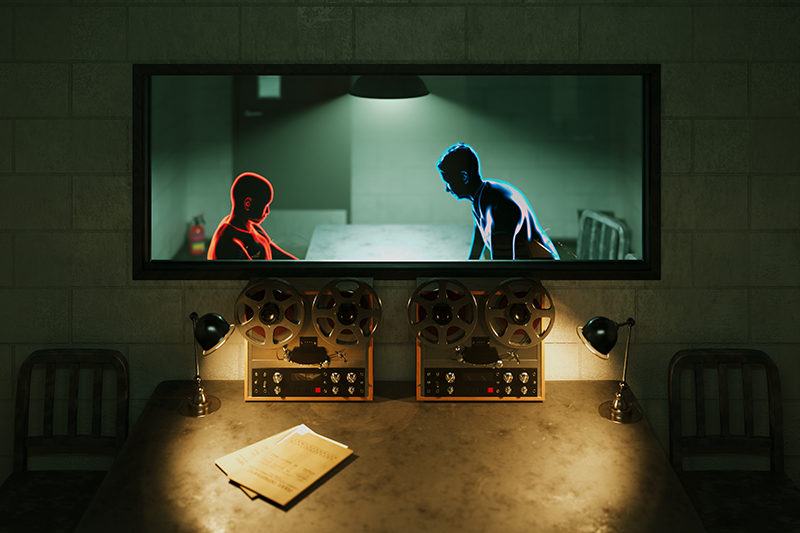 3D Illustration of Interrogation room with detective interrogating suspect