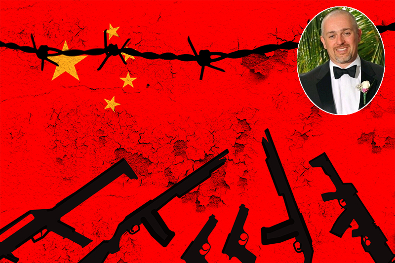 Flag of China on textured background with guns and barbed wire, organised crime, with Dr David Wilson inset