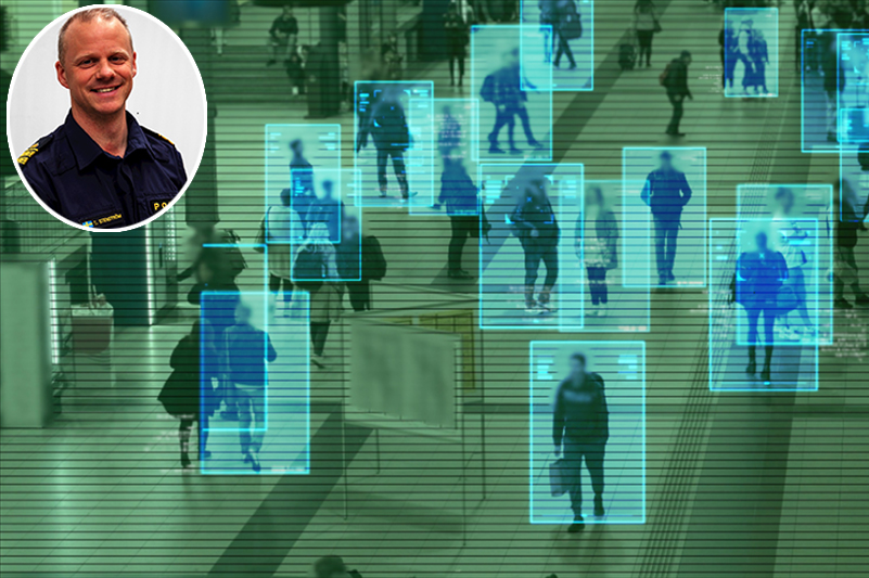 The image depicts a busy public area with people moving, overlaid by digital outlines suggesting facial recognition and surveillance technology, and a circular inset of Swedish police officer Tobias Stenstrom.