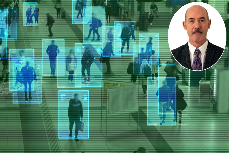 Facial recognition scanning the crowd of people walking at a railway station, with inset picture of Scottish Biometrics Commissioner Dr Brian Plastow