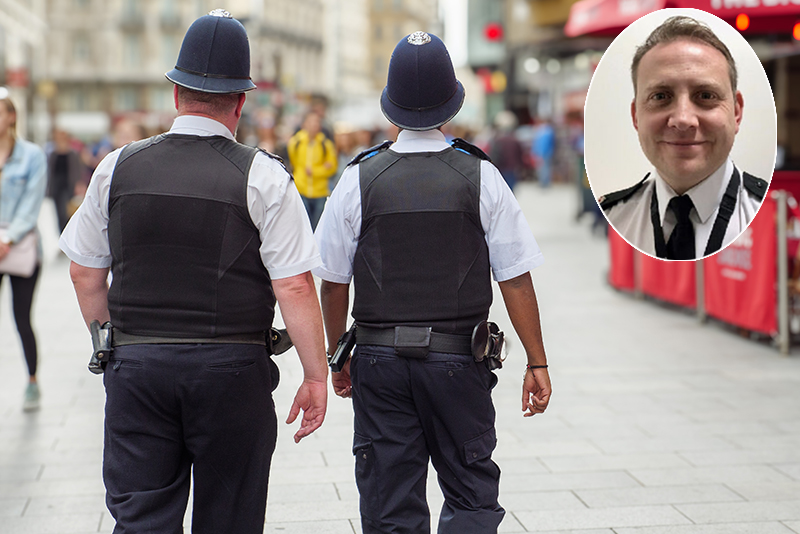 Two Metropolitan police officers on patrol on the streets of the West End, with (inset) Chf Supt Andy Sidebotham