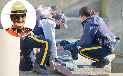 RCMP police, including a plain clothes officer, arrest a middle-age man suspected of robbery, with (inset) a picture of Insp Nicole Simpson