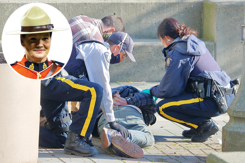 RCMP police, including a plain clothes officer, arrest a middle-age man suspected of robbery, with (inset) a picture of Insp Nicole Simpson