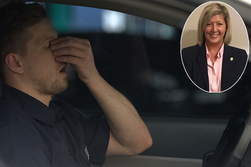 Exhausted male police officer sitting in car, with picture inset of Laura Kloosterman, Badge of Life Canada