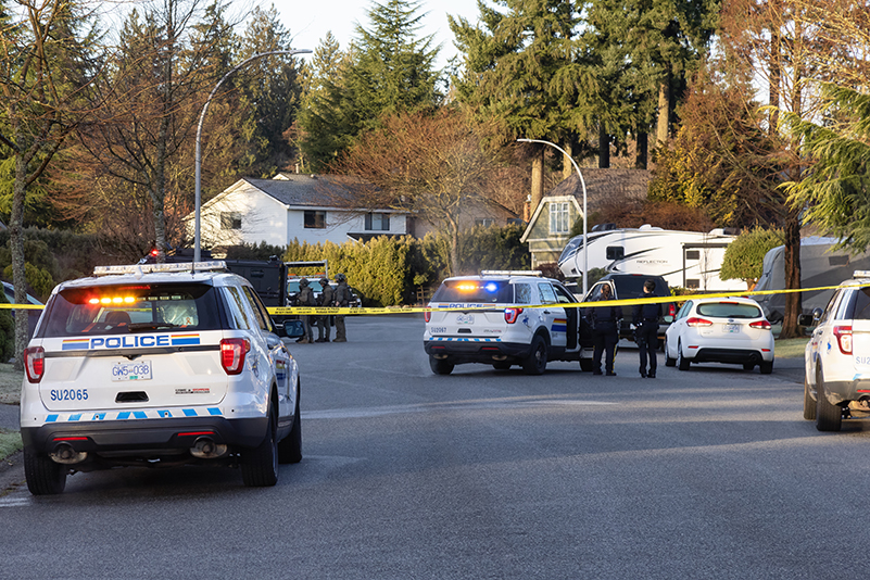 Fraser Heights, Surrey, Vancouver, British Columbia, Canada - February 6, 2022: Police and Swat Team are arresting a man for alleged Robery. Suburban Neighborhood during sunny Sunday morning.