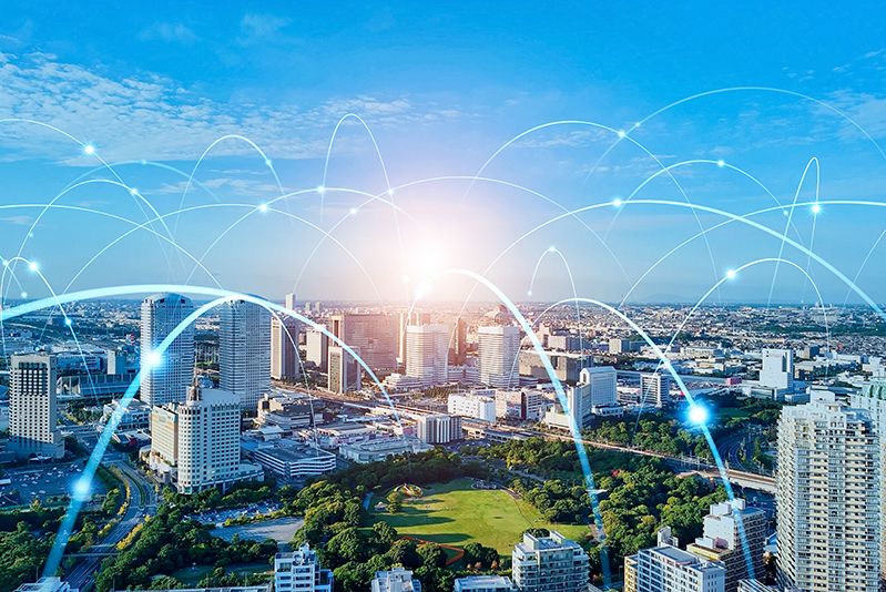 Modern city aerial view and communication network concept. Smart city. Wireless telecommunication.