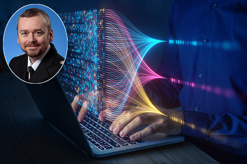 Image of keyboard, hands and data with a picture of Ch Supt Phil Davies inset