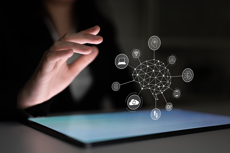 A visual of artificial intelligence network connecting AI, network, and system across a structured digital platform for seamless AI communication