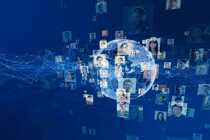 The image depicts a digital globe connected by networks, surrounded by various faces. It symbolizes global policing and networking, emphasizing community engagement and data-driven insights in law enforcement.