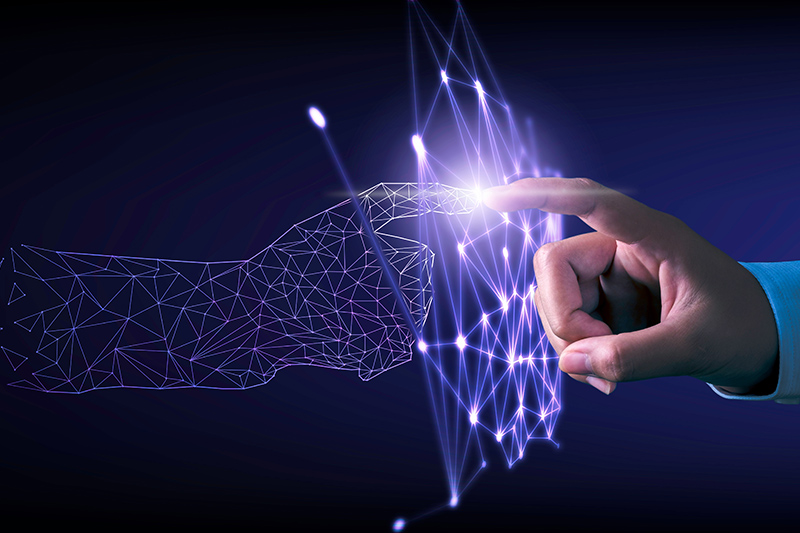 Hand touching modern interface digital transformation and metaverse concept. Connection next generation technology and new era of innovation.